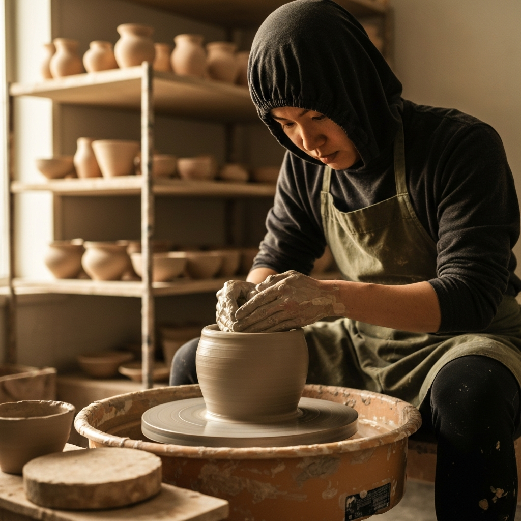 A brightly lit pottery studio with a person shaping clay on a spinning wheel. Their hands are covered in wet clay, and they're focused intently on their work. Other pottery pieces are displayed on shelves in the background.