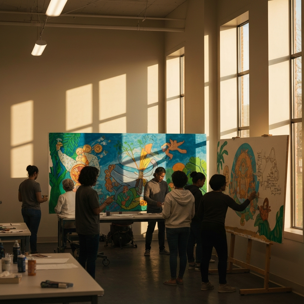 A warmly lit community center with people of diverse ages and backgrounds working together on a mural. The mural depicts themes of unity, peace, and environmental stewardship. Natural light streams in through large windows.