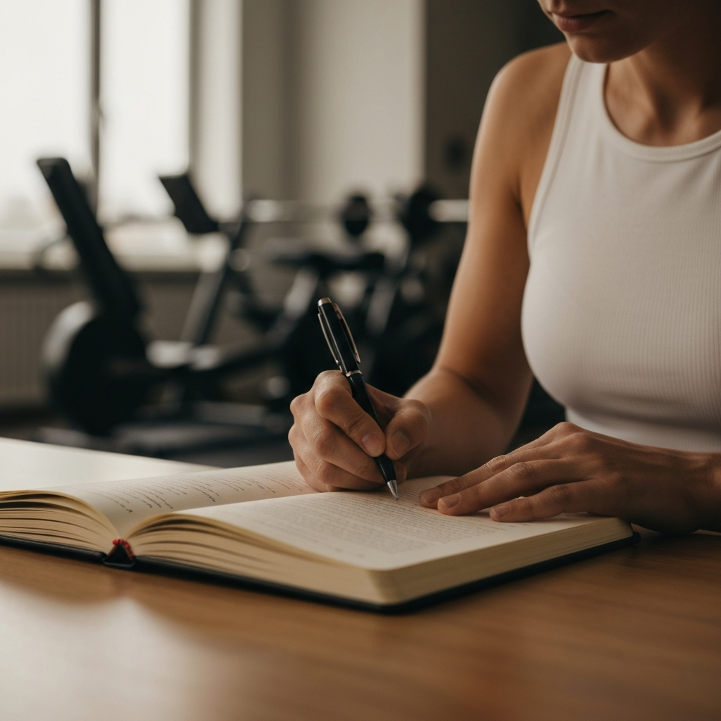 A person writing in a journal, with a pen resting on the page. The lighting is warm and inviting, with a blurred background of gym equipment, suggesting intention and focus.