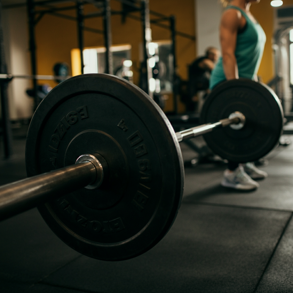 A gym interior with a focus on free weights. A barbell with weight plates is in the foreground, with soft bokeh in the background showing other gym equipment and a blurred figure lifting weights with proper form.
