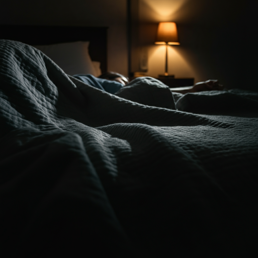 A dimly lit bedroom scene with a person sleeping peacefully under a blanket. Soft lighting highlights the texture of the blanket and creates a feeling of rest and tranquility.