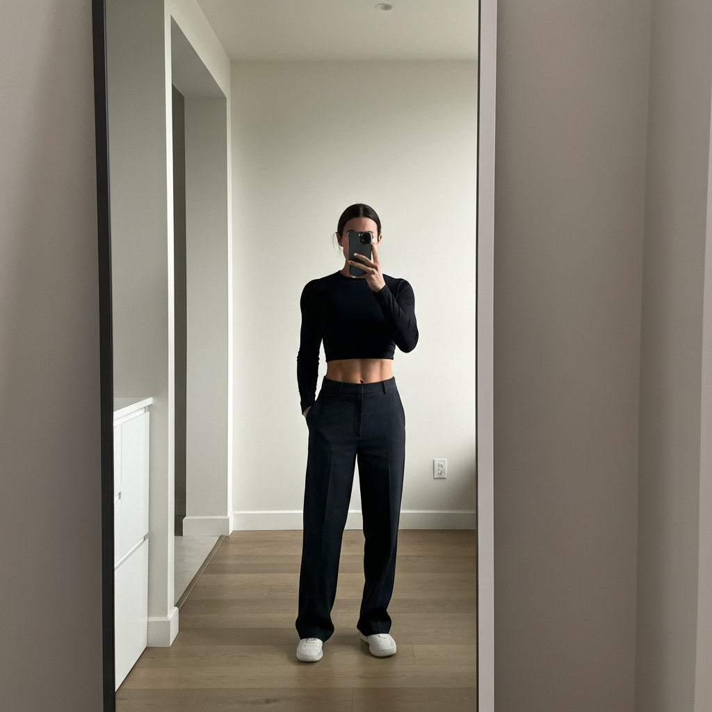 A person standing in front of a mirror, taking a progress photo with their phone. The lighting is well-balanced, showing the details of their physique. The background is simple and uncluttered.