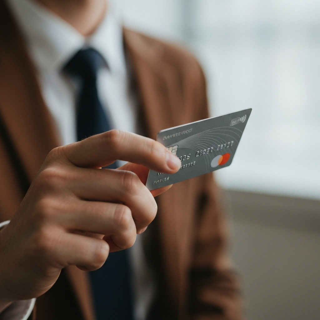 A close-up shot of a hand elegantly holding a sleek, metal credit card, bathed in soft, diffused light. The card's details are intentionally blurred, focusing on the metallic texture and subtle embossed design.
