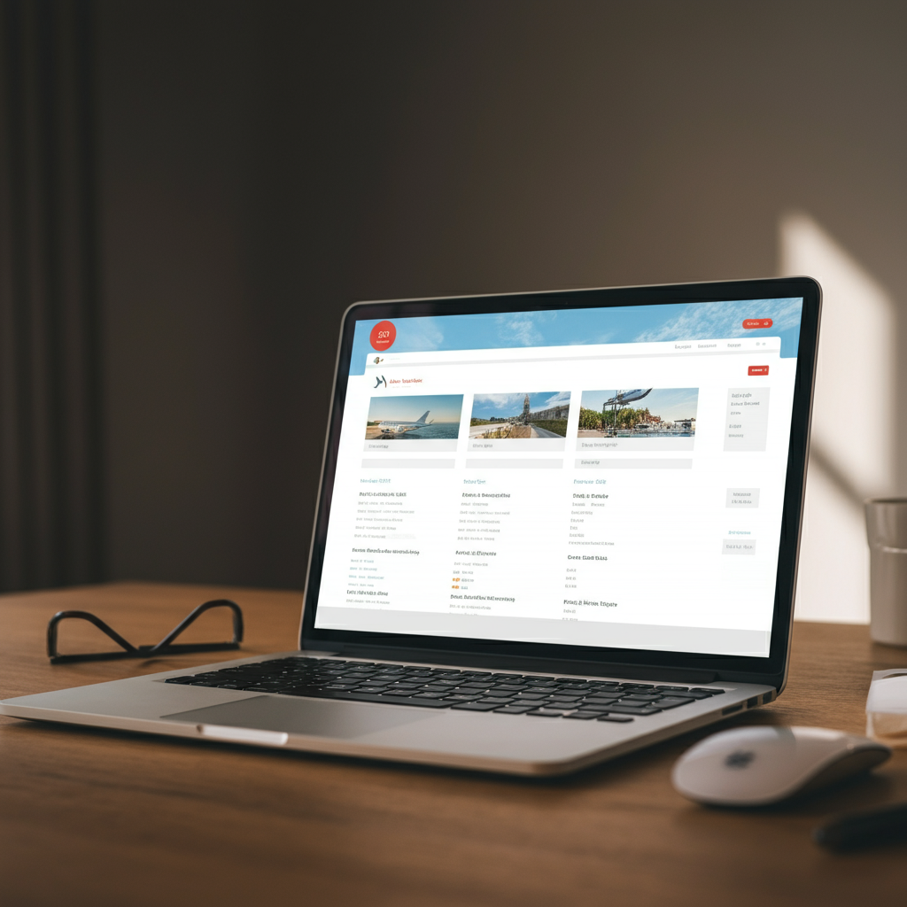 A laptop screen displaying a flight search results page, with various destinations and prices listed. The room is warmly lit, and a pair of glasses rests casually on the desk beside the laptop.