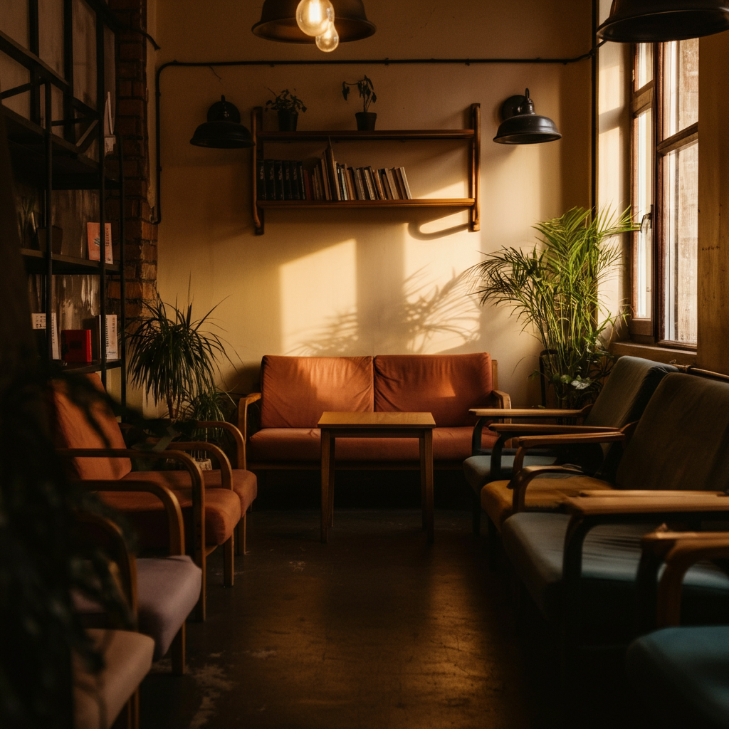 A cozy and well-lit hostel common area, featuring comfortable seating, a bookshelf, and potted plants. Soft bokeh creates a warm, inviting atmosphere.