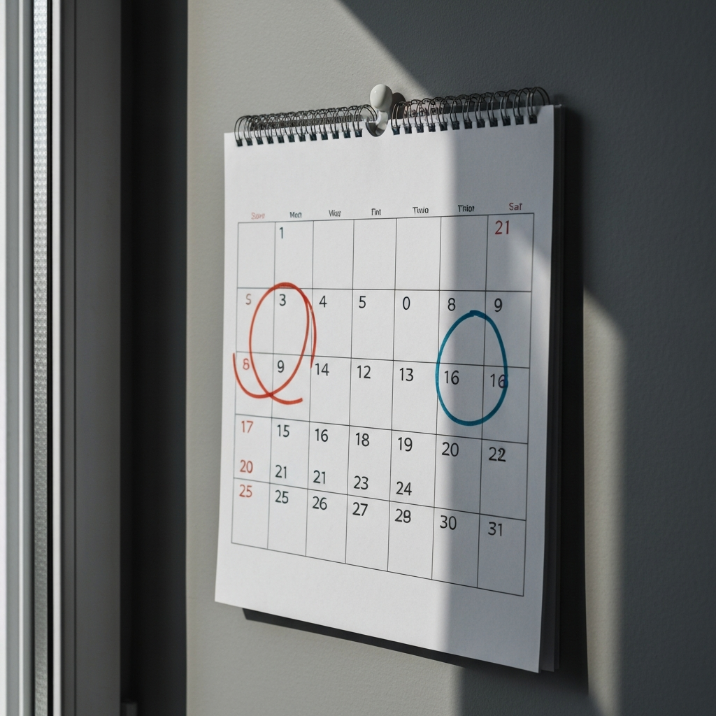 A calendar hanging on a wall, with several dates circled in different colors. Natural light streams in from a nearby window, highlighting the paper's texture.