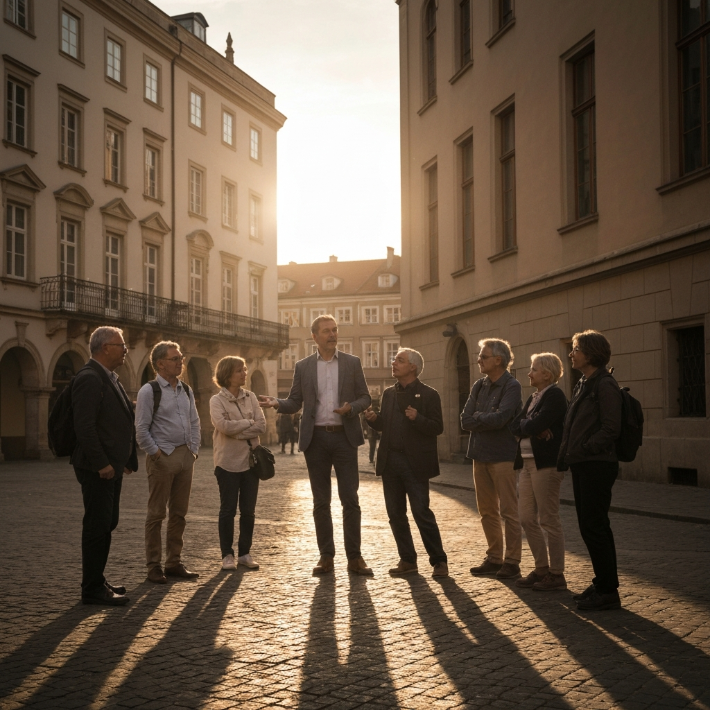 A group of tourists participating in a free walking tour, guided by a local expert. The scene is set in a historic city square, with golden hour lighting casting long shadows and emphasizing the architectural details.