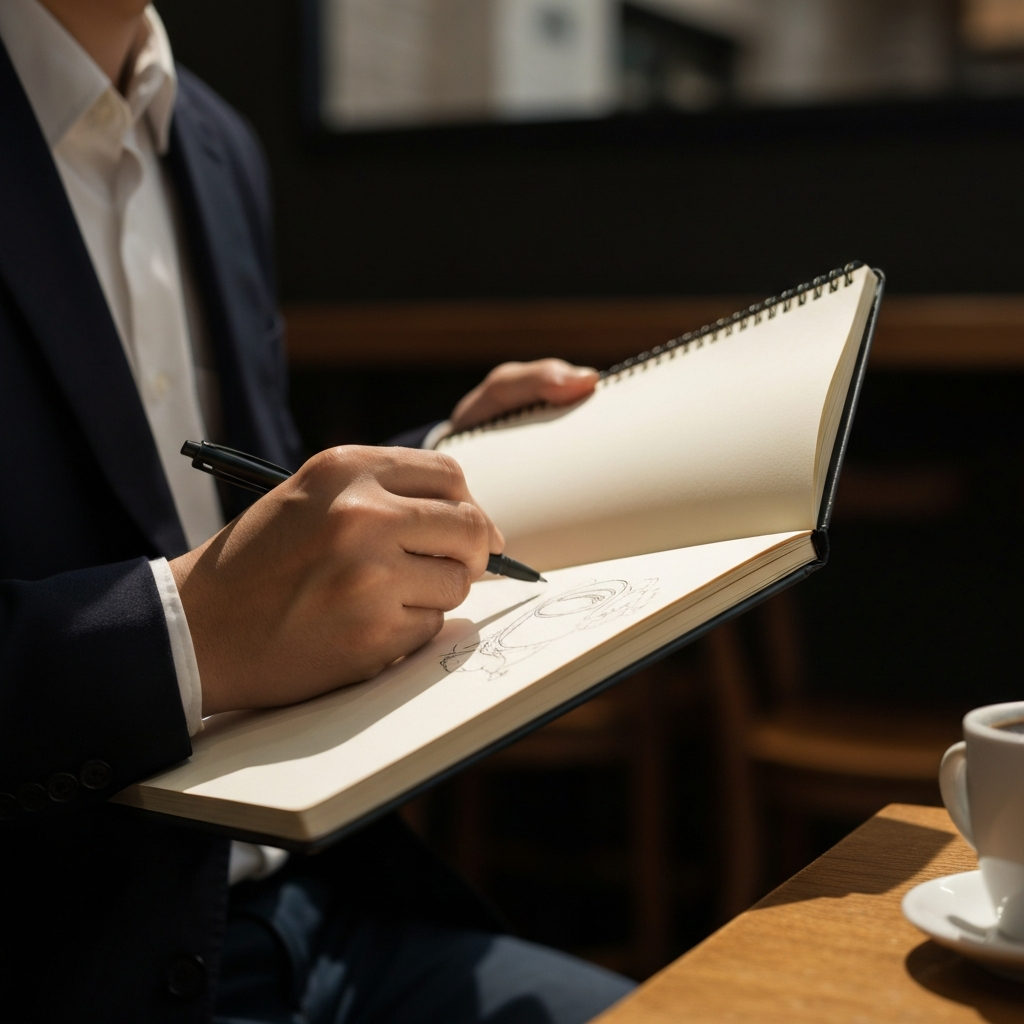 Close-up of a hand holding a sketchbook and pen, with soft natural light illuminating the page. The background is a blurred coffee shop setting.