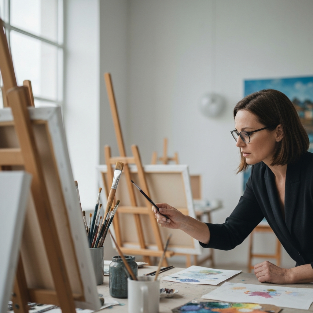 A brightly lit art studio with various easels, paintbrushes, and canvases scattered around. A woman with glasses is intently studying a painting, with focused expression. Soft bokeh in the background.