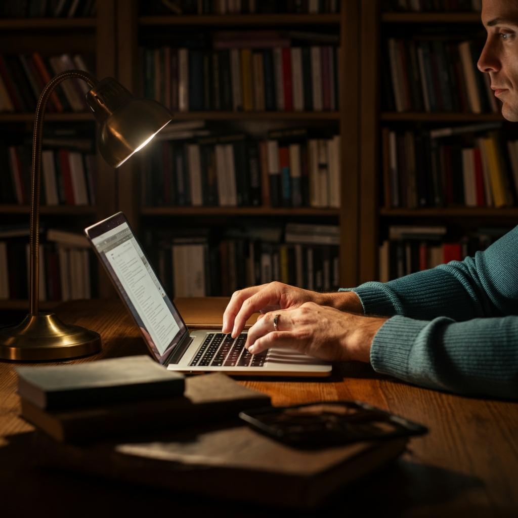 A writer sitting at a wooden desk, illuminated by a desk lamp, typing on a laptop. Bookshelves are in the background, filled with various titles, lending a warm, scholarly atmosphere.