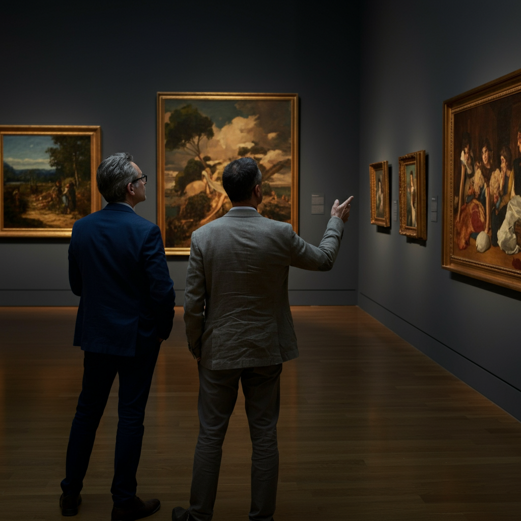 Two artists standing side-by-side in a gallery, looking at a painting. One artist is gesturing towards the artwork while engaged in a discussion. The gallery is well-lit, highlighting the textures of the canvases.