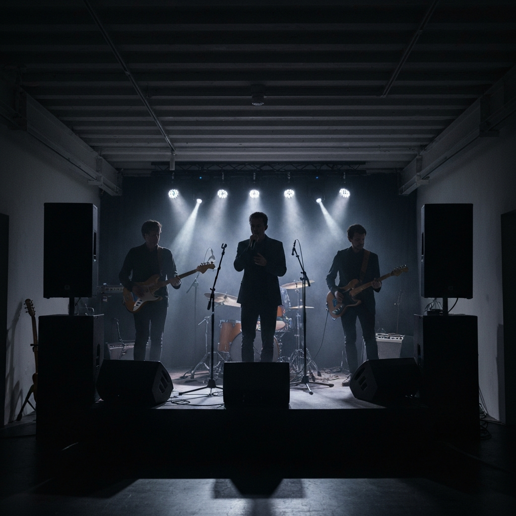 A band performing on a small stage in a dimly lit music venue. The lead singer is holding a microphone, with spotlights highlighting their silhouette against a backdrop of instruments.