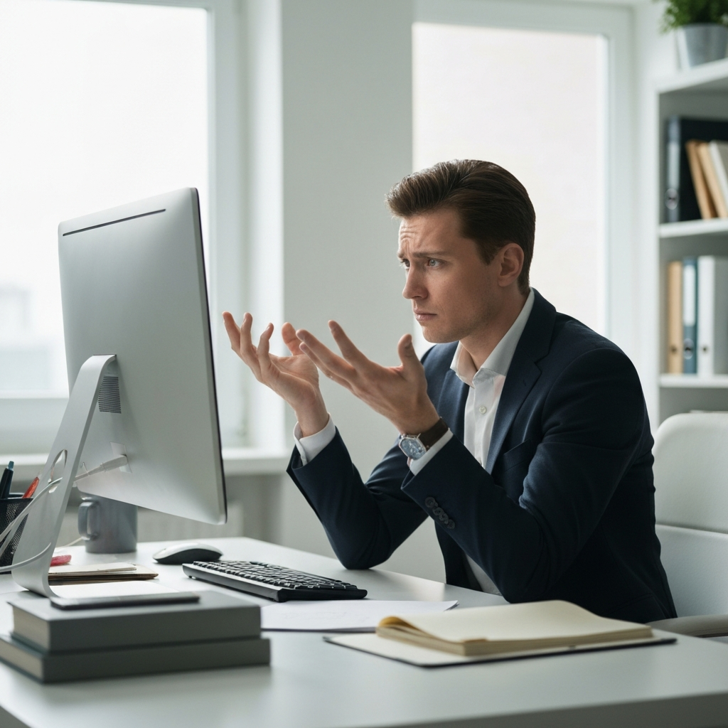 A person sitting at a desk, looking frustrated at their computer screen, hands slightly raised, with a cluttered but organized desk around them in a brightly lit room. Soft focus on the background.