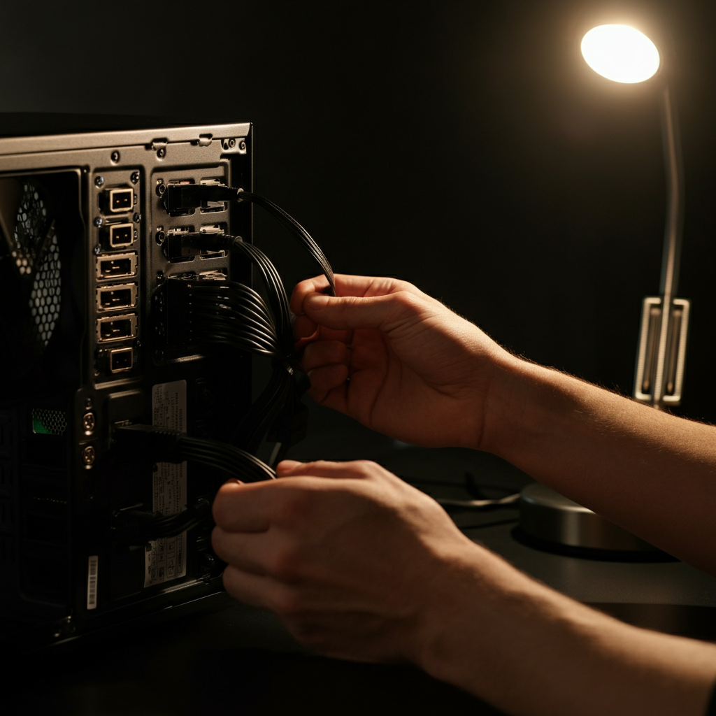 A pair of hands carefully inspecting the back of a computer tower, checking the connections of various cables. The cables are neatly organized and labeled, and a desk lamp provides focused illumination.