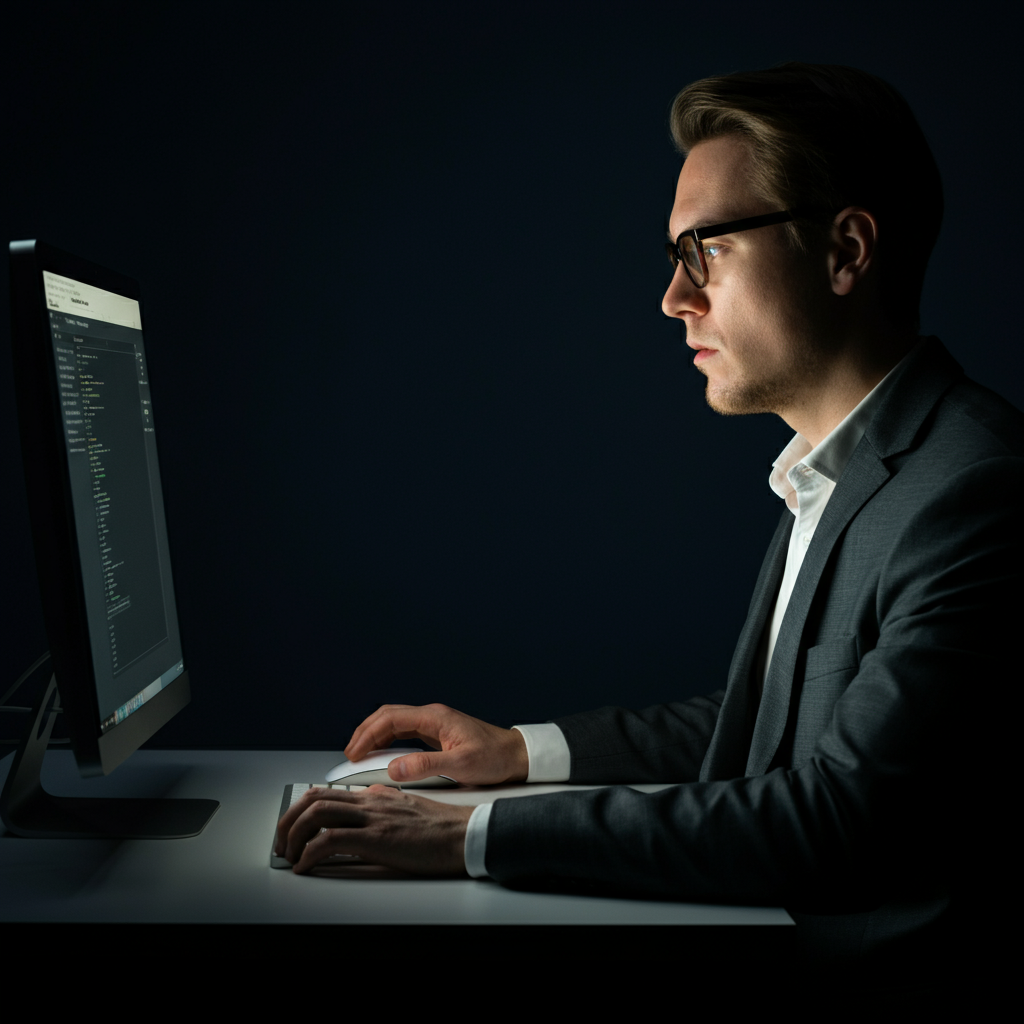 A person looking intently at an error message on a computer screen. The room is dimly lit, with the screen providing the main source of light, highlighting the person's focused expression.