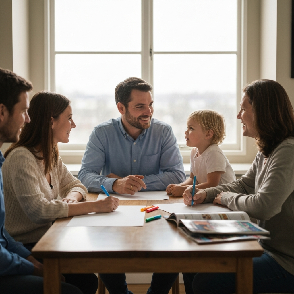 A family of four sitting together at a kitchen table. Soft natural light streams in from a nearby window. The table is covered with a blank sheet of paper, colorful markers, and a few magazines. The parents are smiling and engaging their children in conversation. The atmosphere is warm and collaborative.