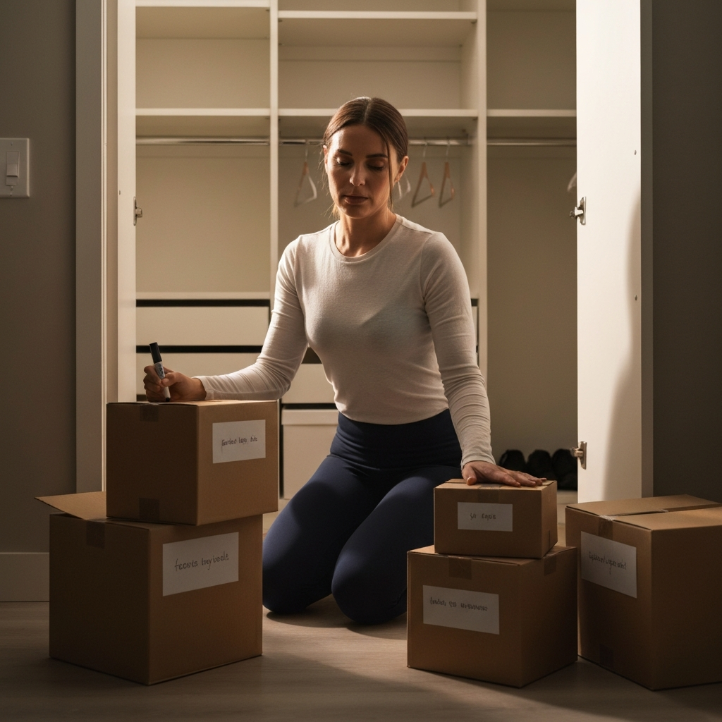 A woman kneeling on the floor in front of an open closet. She is surrounded by four cardboard boxes, each labeled with a marker. Soft, diffused light illuminates the scene. The closet shelves are visible in the background, partially emptied.