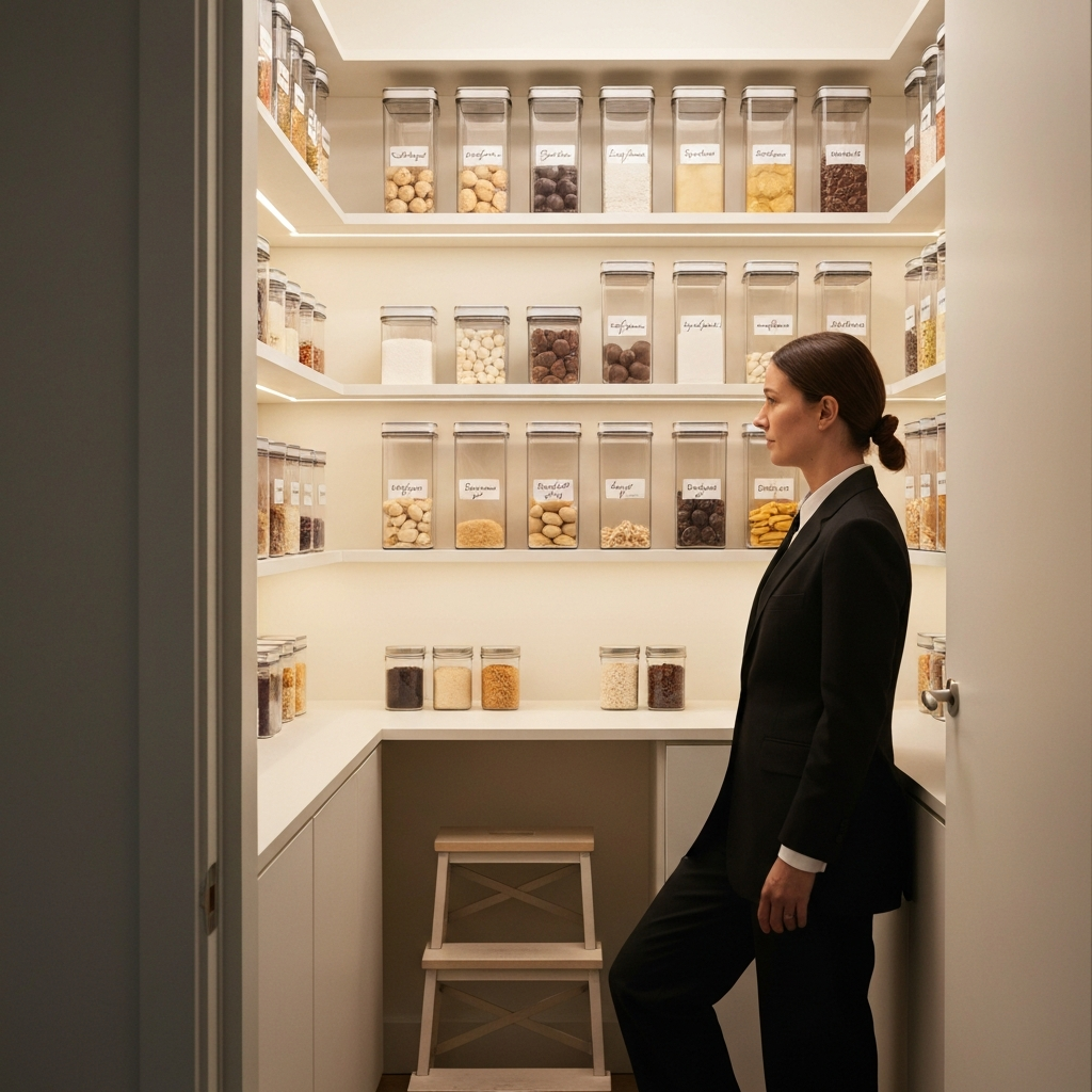 A meticulously organized pantry. Shelves are lined with clear containers, labeled with neat calligraphy. Food items are grouped by category. Soft, even lighting illuminates the space. A small stepladder is neatly tucked in a corner.