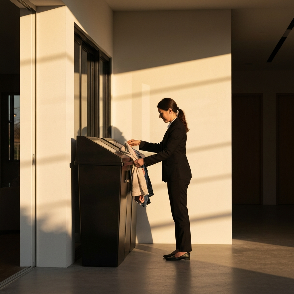 A woman standing in front of a donation bin, carefully placing a bag of clothes inside. Golden hour lighting casts long shadows. The scene is simple and uncluttered.