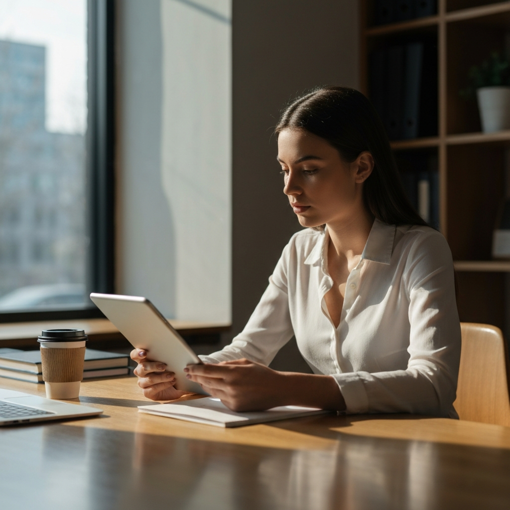 A brightly lit co-working space. A young woman sits at a wooden desk, reviewing notes on a tablet. Natural light streams in from a large window, creating soft shadows. Her brow is furrowed slightly in concentration. A half-empty coffee cup sits to her left.