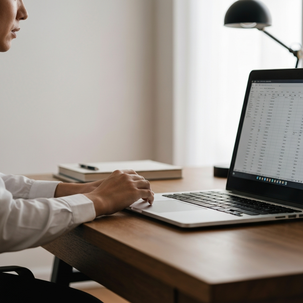 A clean and organized home office. A laptop sits on a wooden desk, displaying a spreadsheet. Soft bokeh blurs the background, focusing attention on the screen and keyboard. The scene is side-lit, highlighting the texture of the wood.