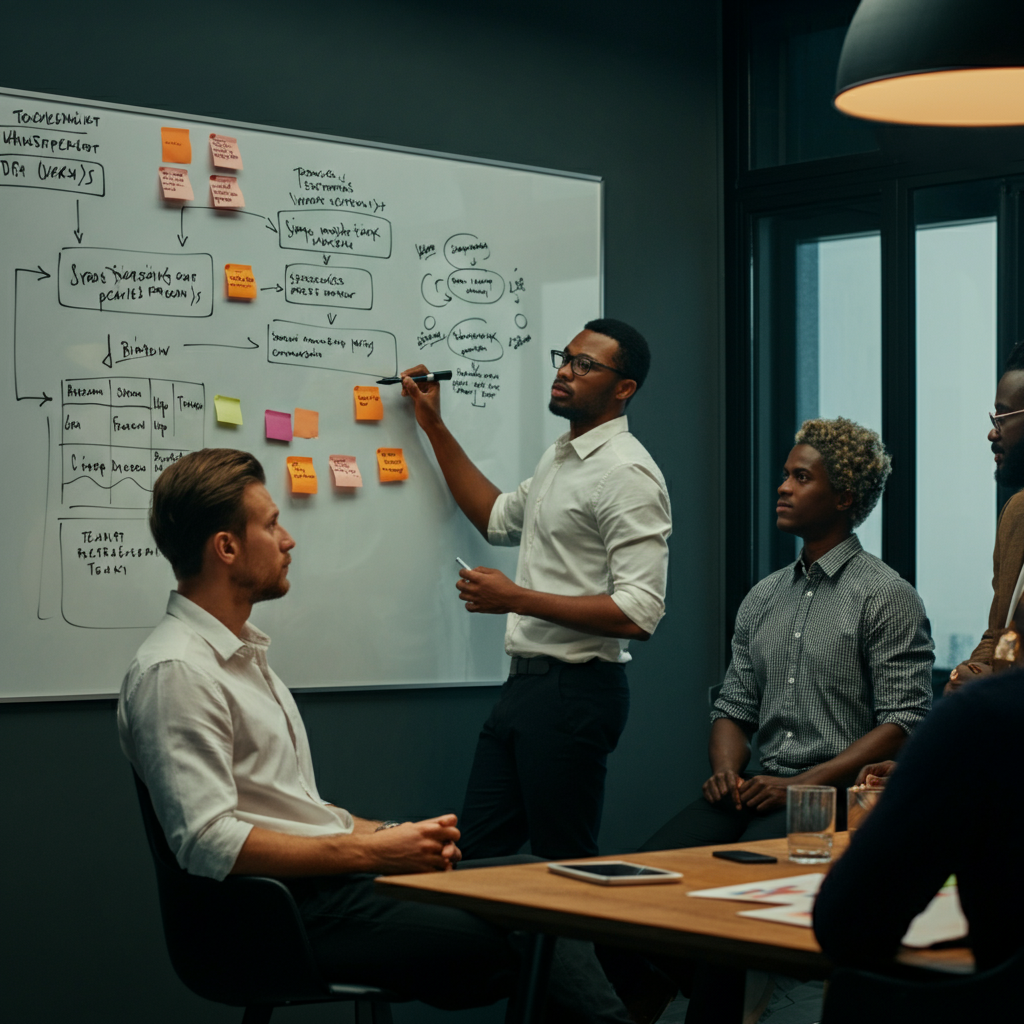 A diverse team of marketing professionals brainstorming in a conference room. Whiteboards are covered in notes and diagrams. The room is well-lit and airy, with a focus on collaboration and creativity.