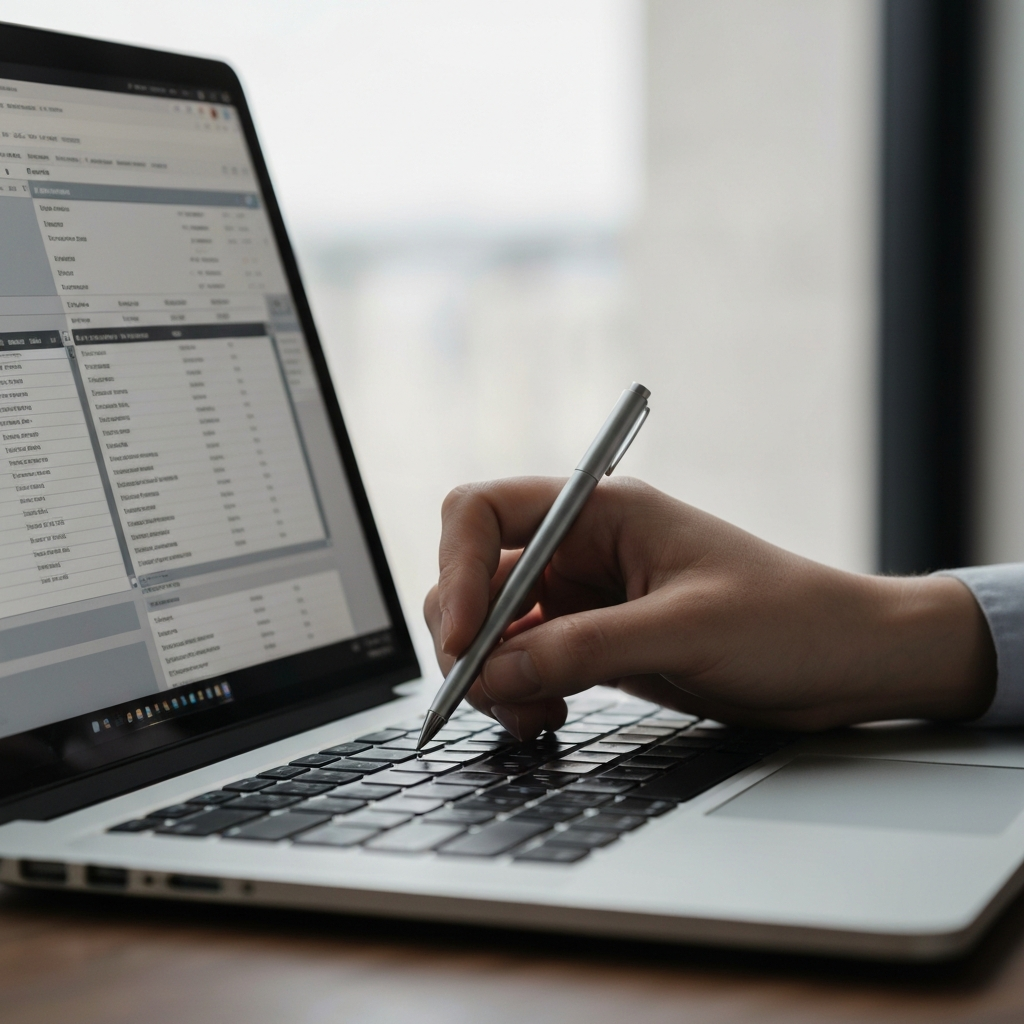 A close-up shot of a hand entering data into accounting software on a laptop. The lighting is soft and focused on the screen and keyboard. The scene emphasizes precision and accuracy.