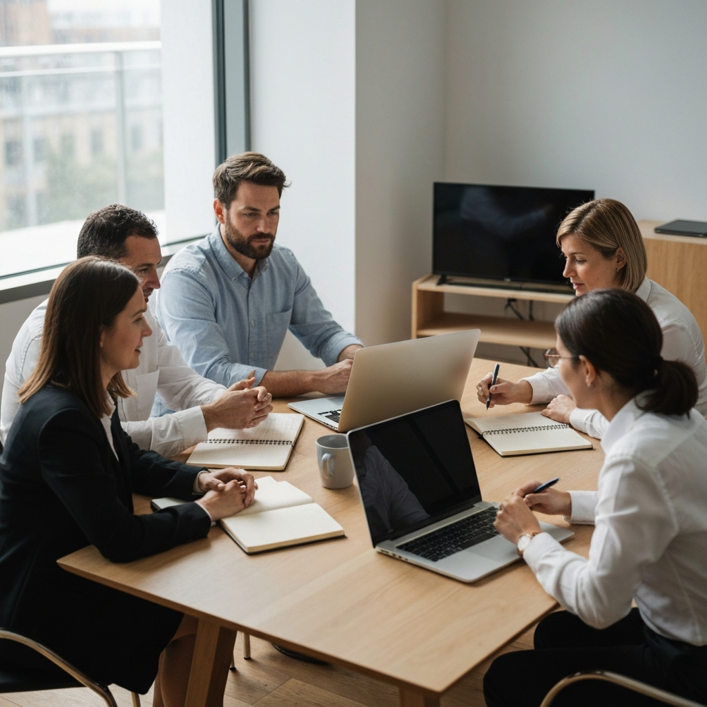A small team of professionals collaborating around a table. They are engaged in a lively discussion, with notebooks and laptops scattered around. The atmosphere is relaxed and productive.