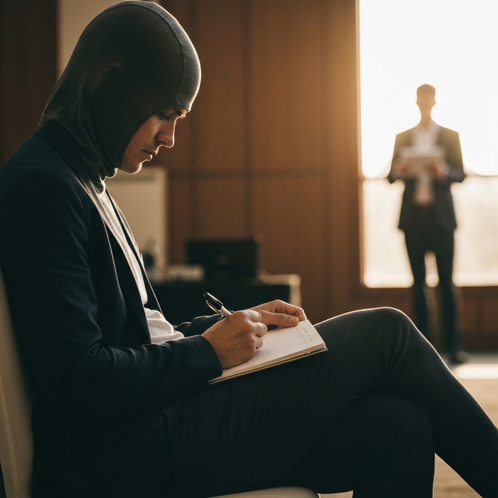 A professional attending a business conference. They are taking notes while listening to a speaker on stage. The lighting is bright and energetic, capturing the excitement of the event.