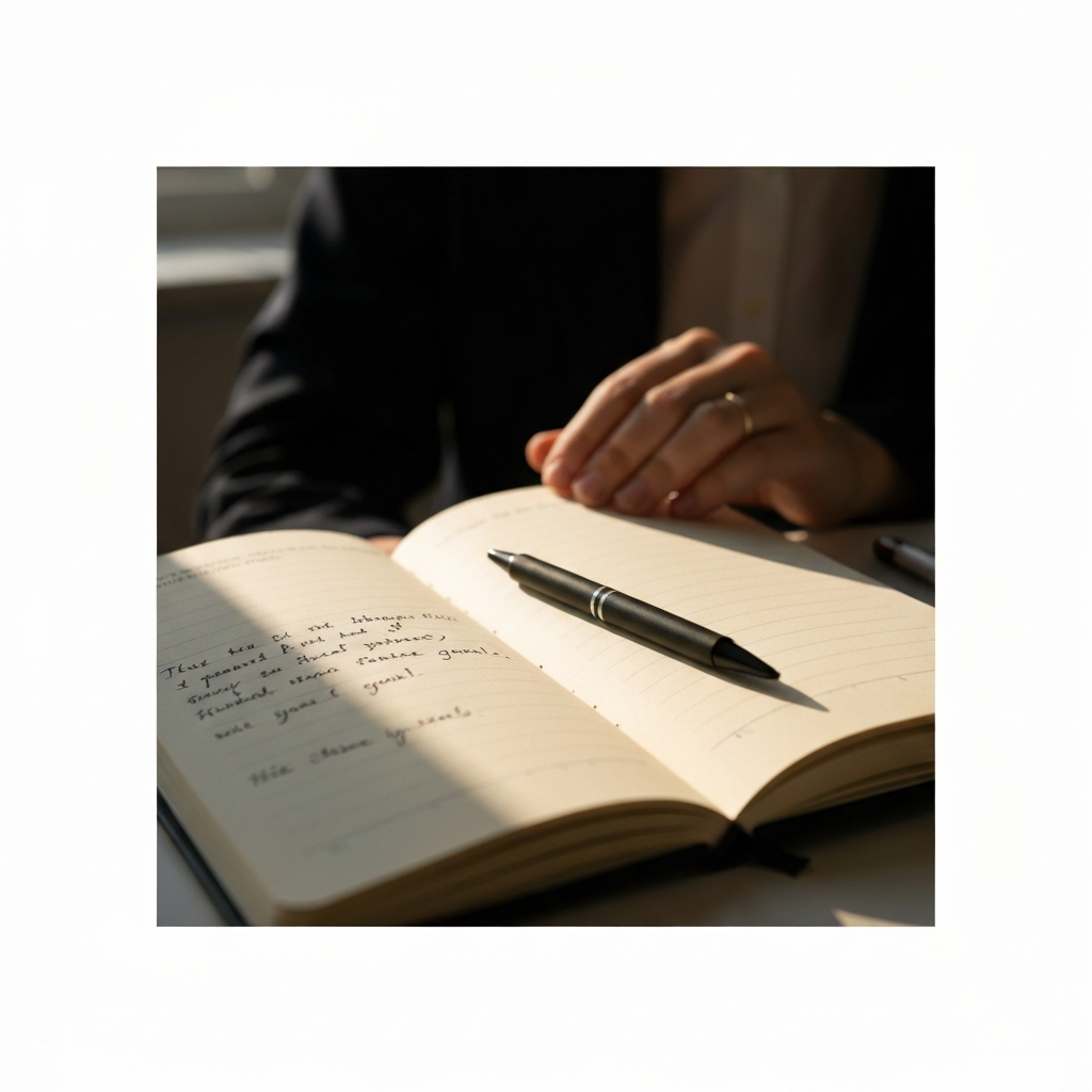 A close-up shot of a journal with handwritten notes about personal goals, illuminated by warm, soft natural light. The pen rests casually on the open page, creating a sense of thoughtful reflection. Shallow depth of field.