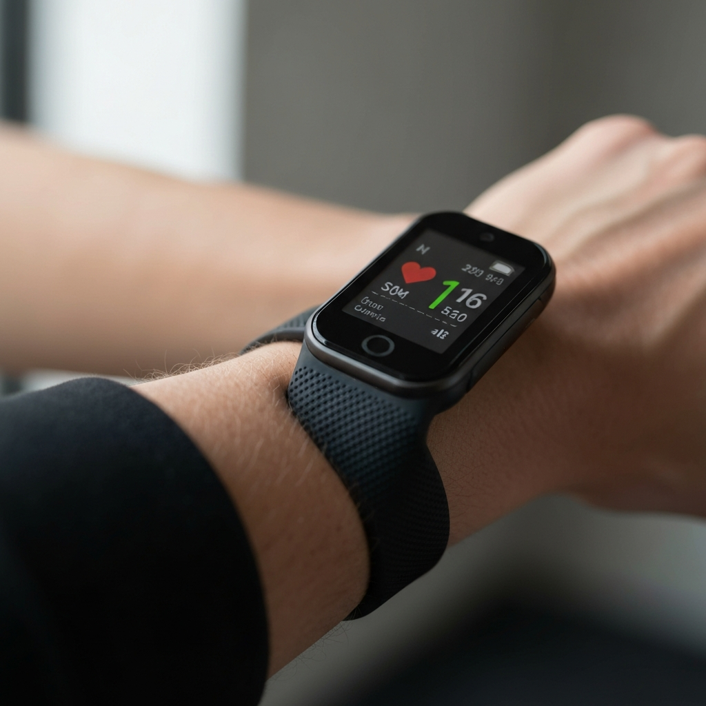 A fitness tracker worn on a wrist during a workout, displaying metrics like heart rate and calories burned. The background is blurred, focusing on the screen and the texture of the wristband. Clean, sharp image quality.
