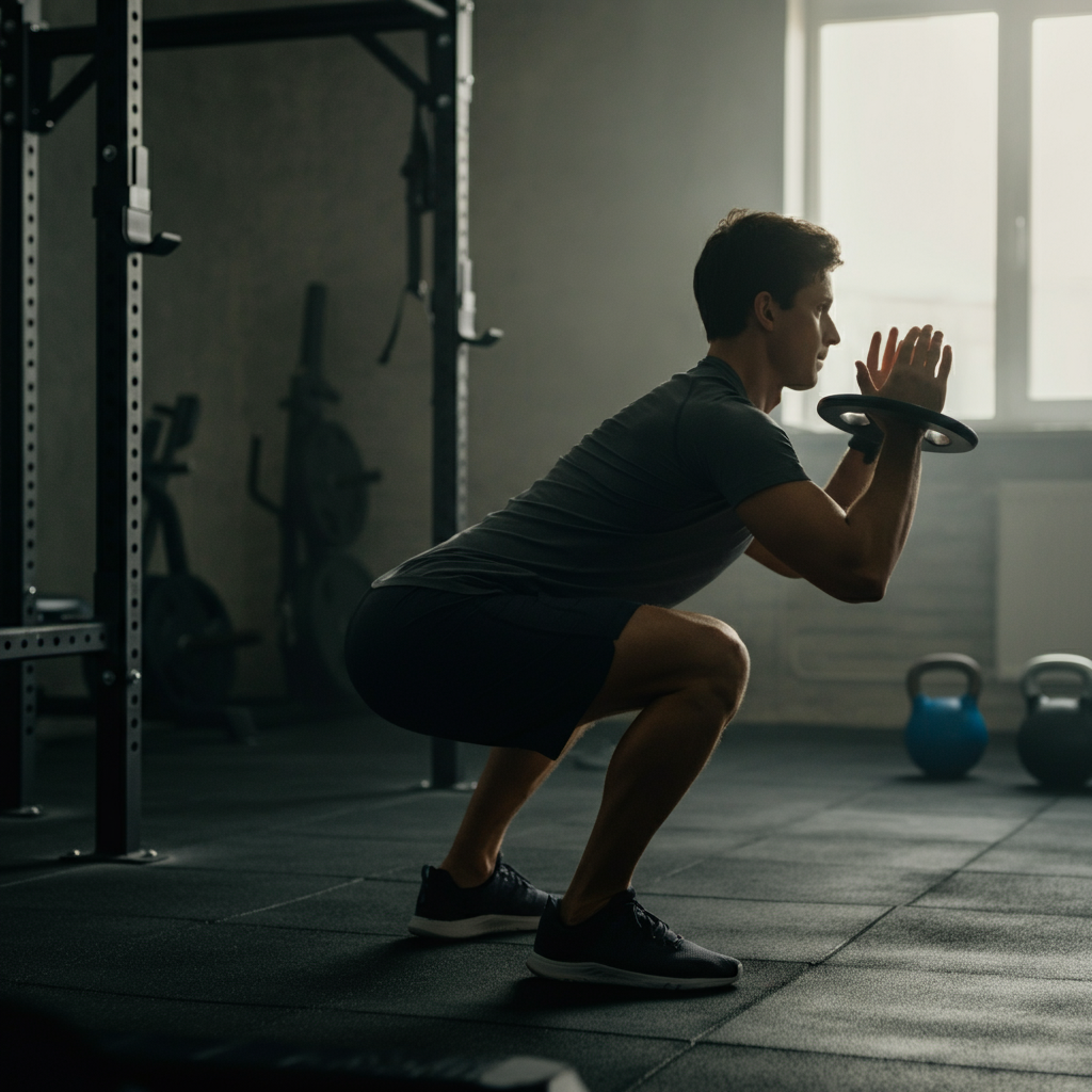 A person doing a bodyweight squat in a brightly lit, minimalist home gym. Focus is on proper form with the back straight and knees aligned. Side-lit, highlighting muscle definition.
