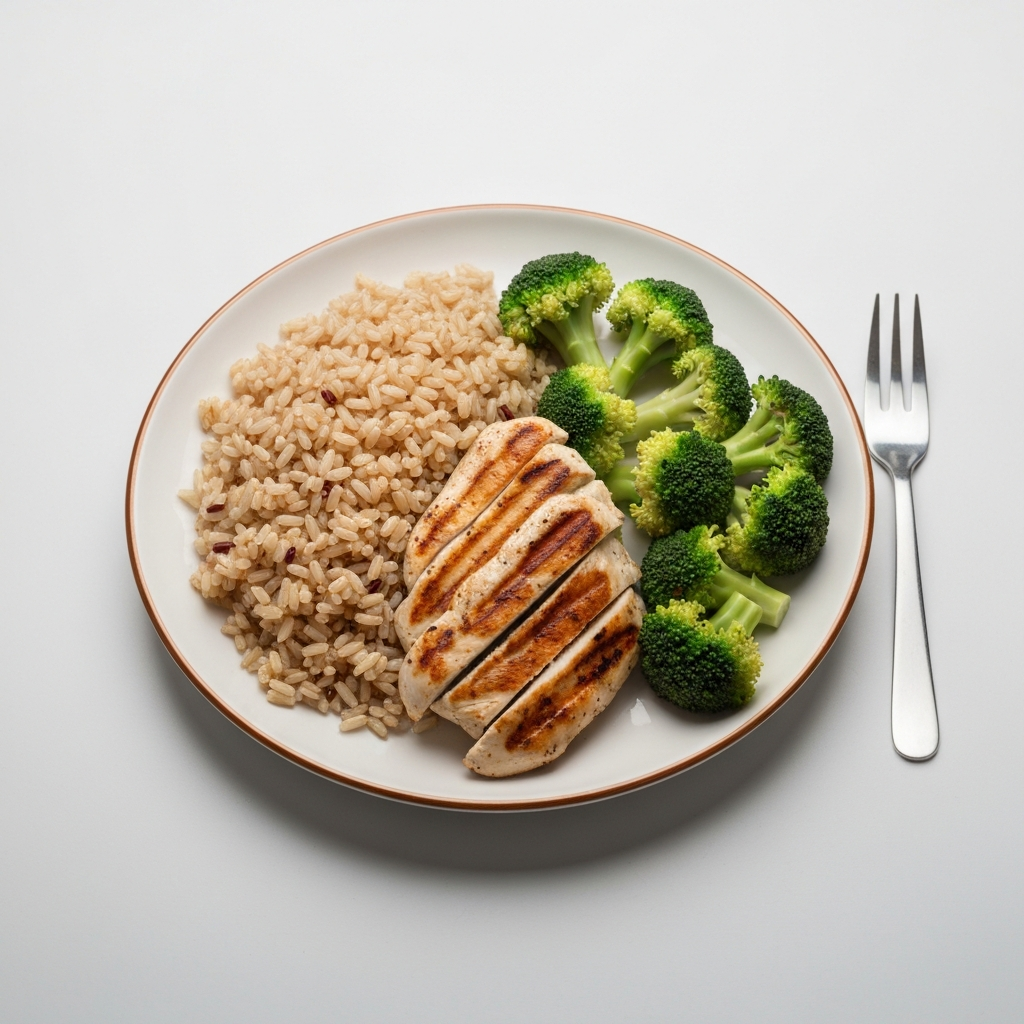 A colorful plate filled with lean protein (grilled chicken), complex carbohydrates (brown rice), and vegetables (broccoli). Natural light emphasizes the freshness and vibrancy of the food.