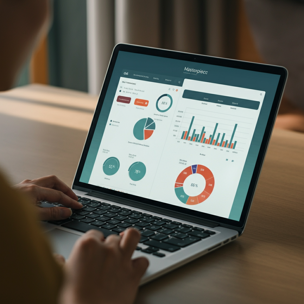 An open laptop displaying a fitness tracking app with charts and graphs illustrating progress over time. The screen is the primary focus, with a blurred background of a home office setting.