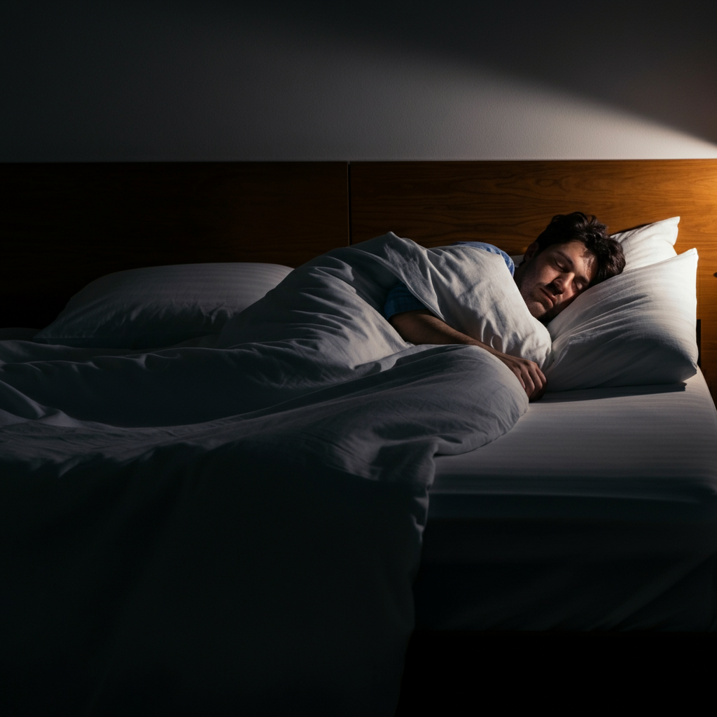A person peacefully sleeping in a dimly lit bedroom. The focus is on the relaxed facial expression and the soft texture of the bedding. Low-key lighting.