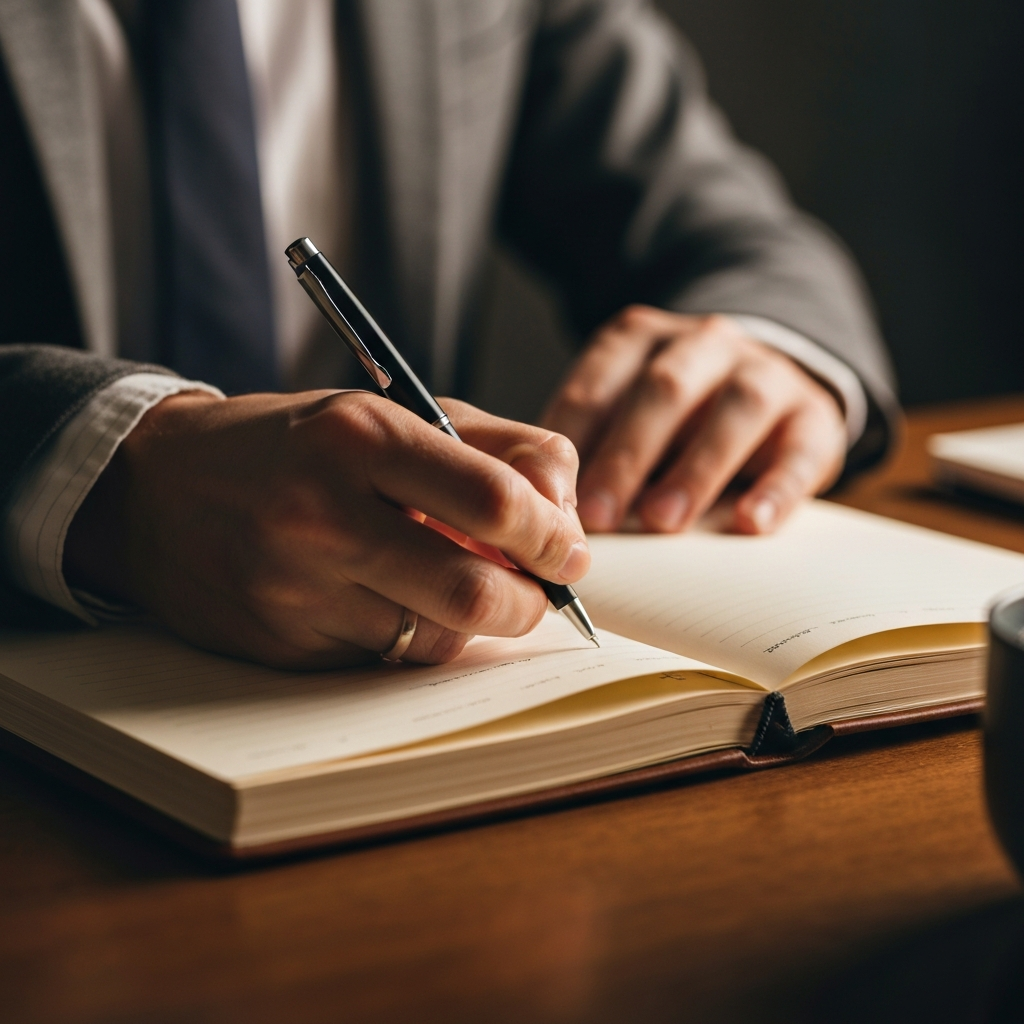 Close-up shot of a person's hands writing in a leather-bound journal. Soft, warm lighting illuminates the page, highlighting the texture of the paper and the pen. The background is blurred with a soft bokeh effect.