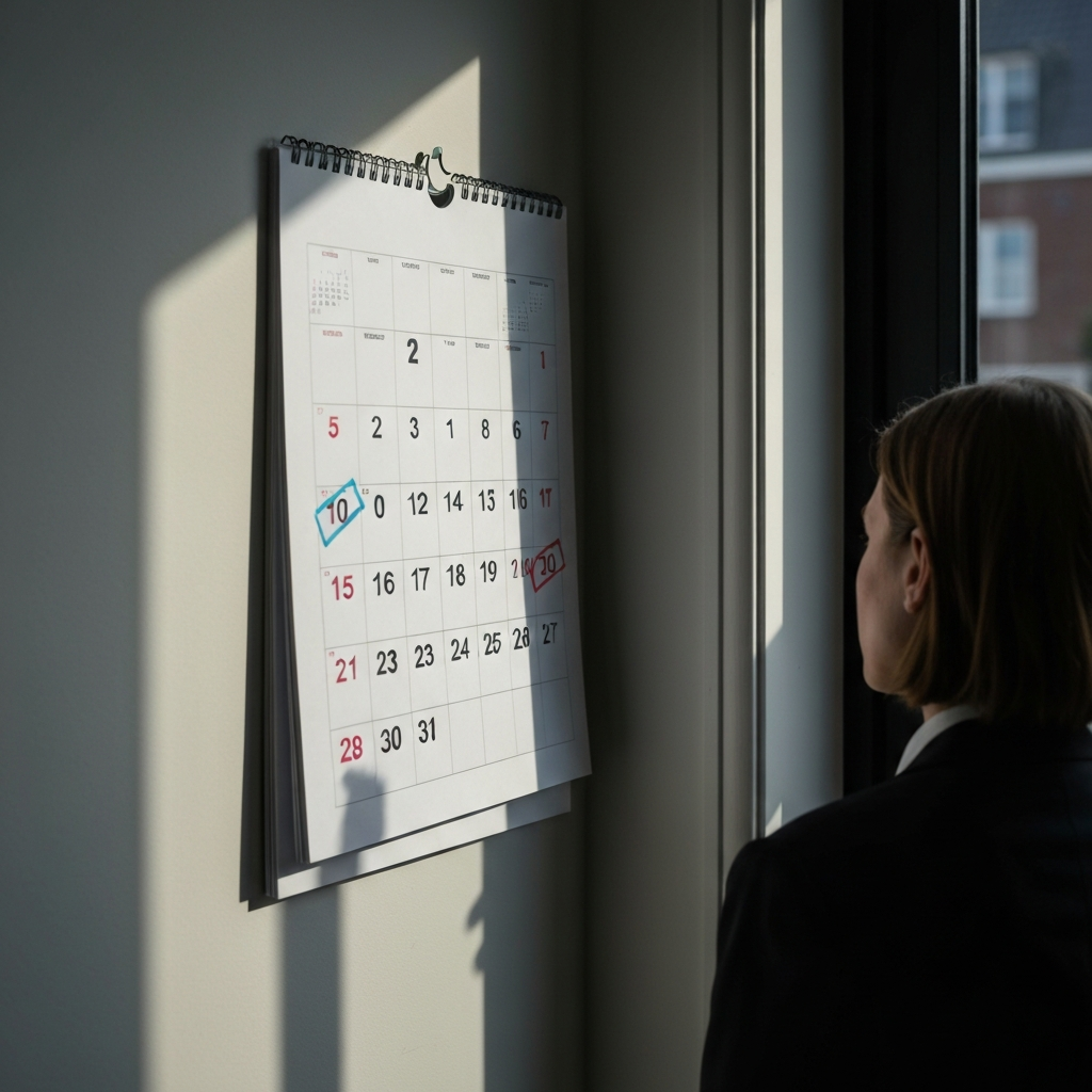 A calendar hanging on a wall, with several dates marked with colorful stickers. The calendar is slightly angled, catching the natural light from a nearby window, creating a warm, inviting atmosphere.