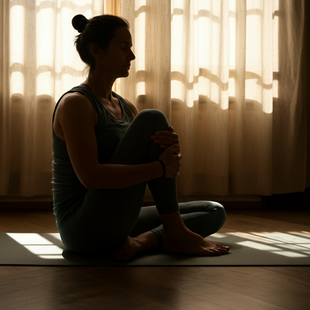 A person sitting cross-legged on a yoga mat in a sun-drenched room, eyes closed and hands resting gently on their knees. Soft, diffused light filters through sheer curtains, creating a peaceful and serene ambiance.