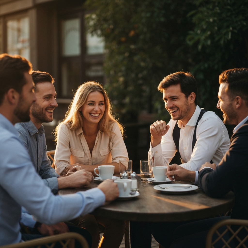 A group of friends gathered around a table at an outdoor cafe, laughing and talking. The scene is captured during golden hour, with warm, natural light highlighting the textures of the table and the surrounding foliage.