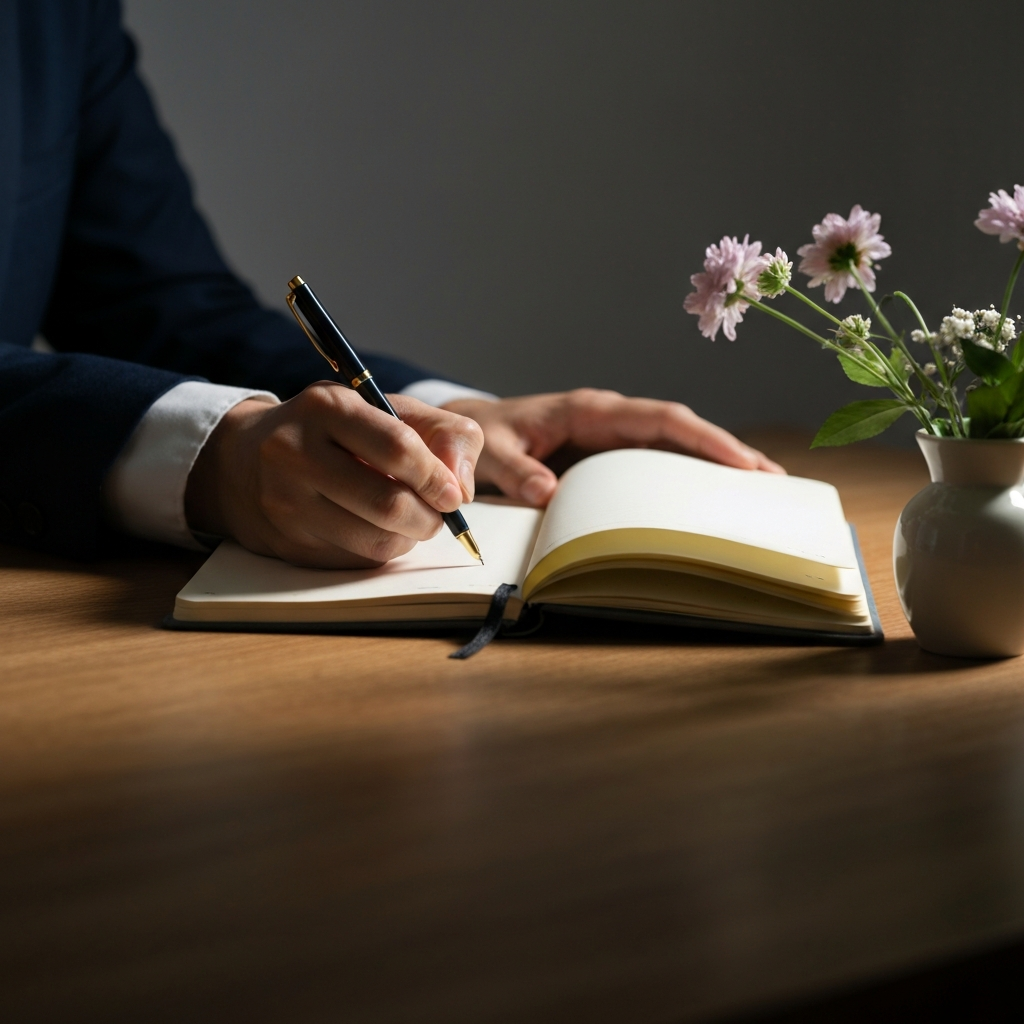 A hand holding a pen, writing in a notebook. The notebook is open on a wooden desk, with a small vase of flowers beside it. The scene is side-lit, casting soft shadows and highlighting the texture of the paper.
