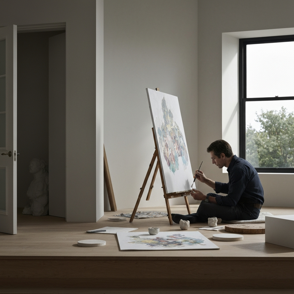 A person working on a creative project, such as painting, sculpting, or playing a musical instrument. The scene is filled with natural light, highlighting the colors and textures of the materials being used.