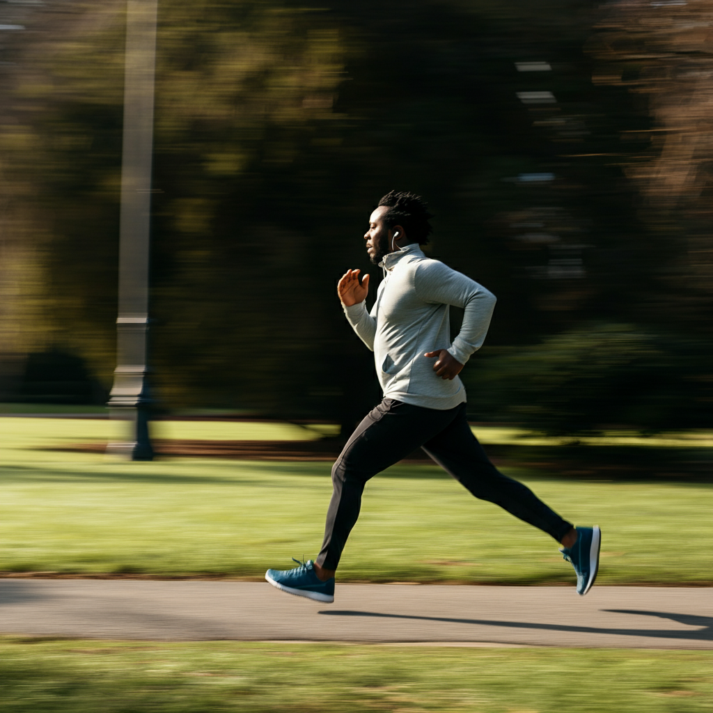 A person running in a park on a sunny morning. The scene is shot from a low angle, emphasizing the motion and energy of the runner. The background is blurred with a soft bokeh effect.