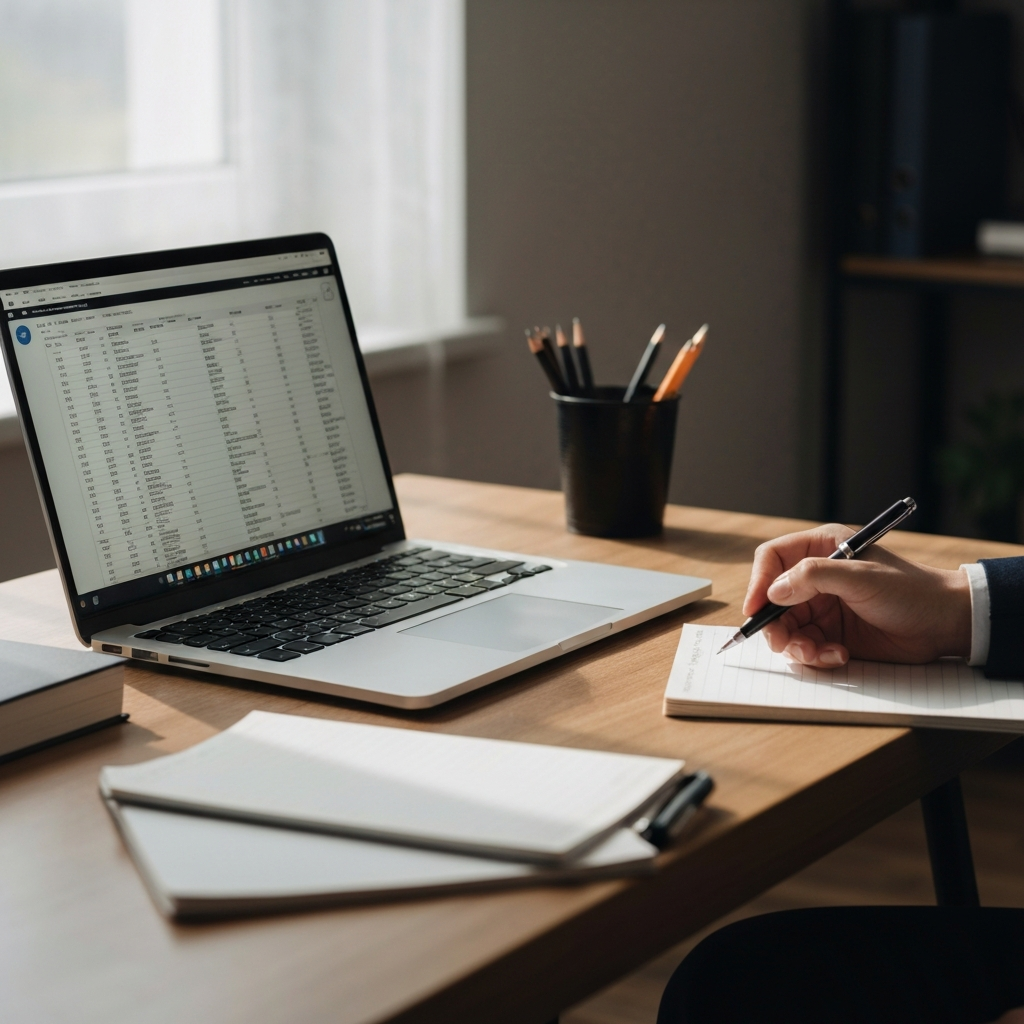 A well-lit office desk with a laptop open displaying a spreadsheet. A hand holds a pen, poised to write on a notepad beside the laptop. Soft, diffused natural light streams in from a window.