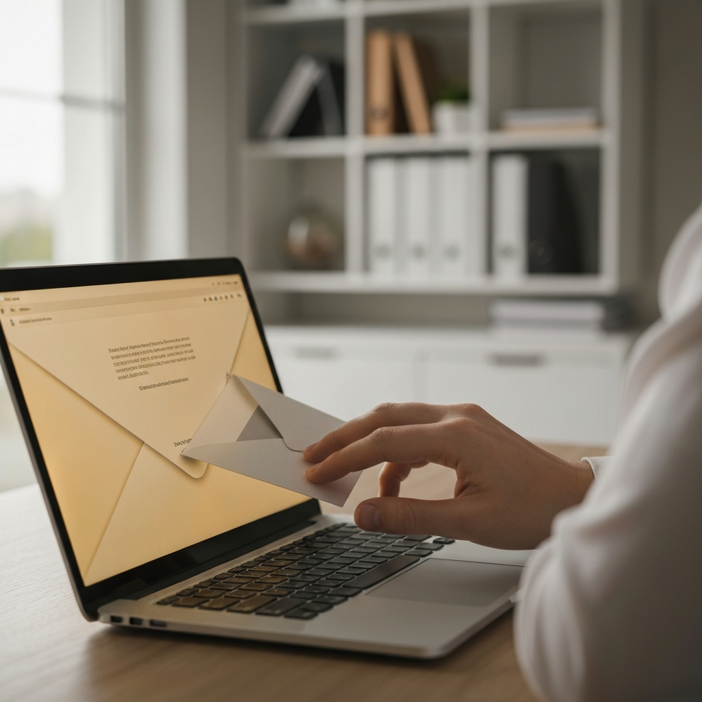 Close-up shot of a hand deleting an email on a laptop screen. The background is blurred, showing a tidy home office. Golden hour lighting highlights the screen.