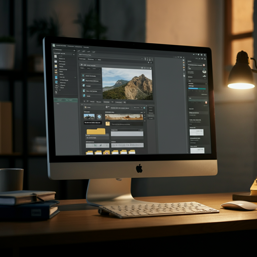 A desktop computer displaying an organized folder structure with clearly labeled folders and files. Side-lit textures on the desk and monitor create depth.