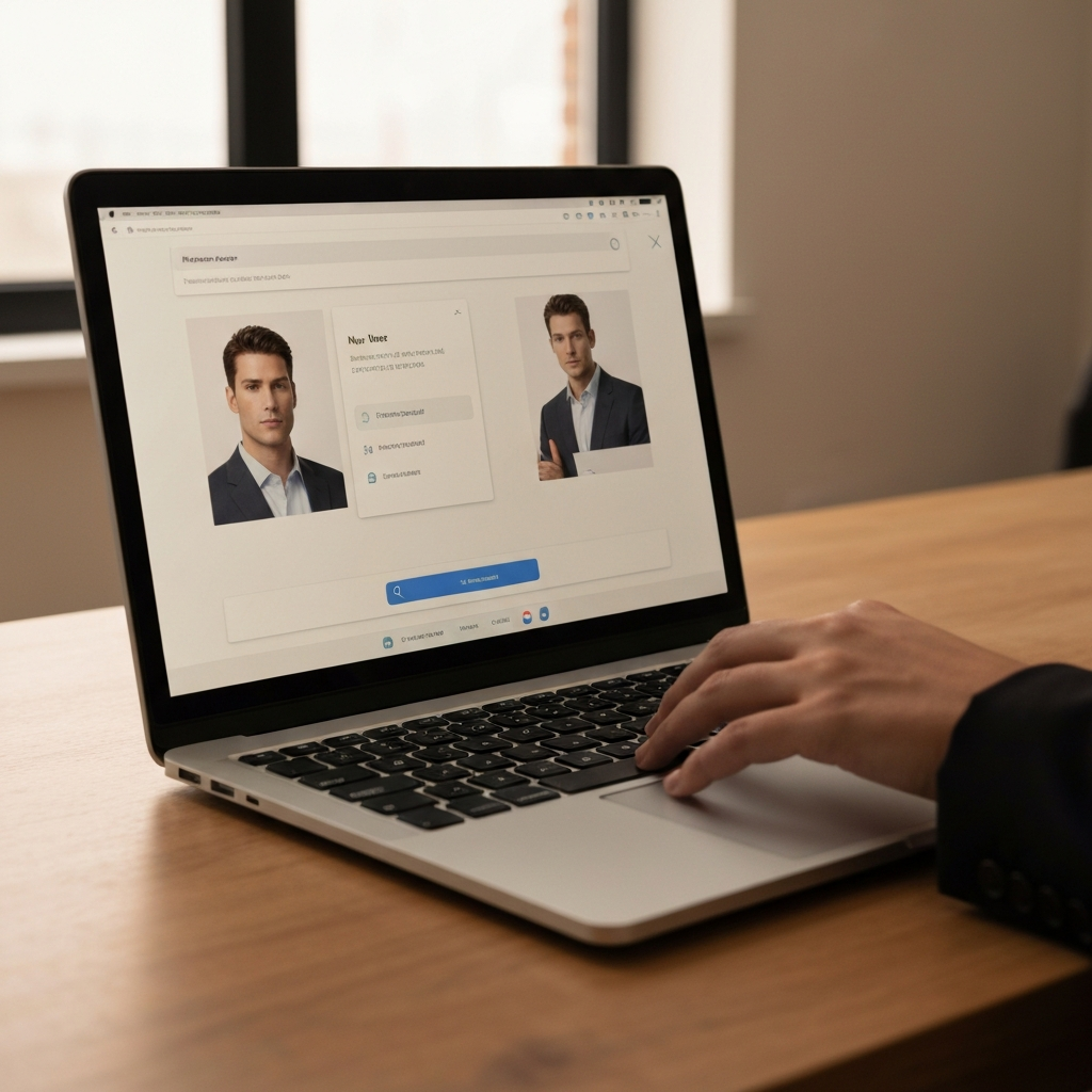 A laptop displaying a password manager interface. A hand is typing a new password. The lighting is warm and professional.