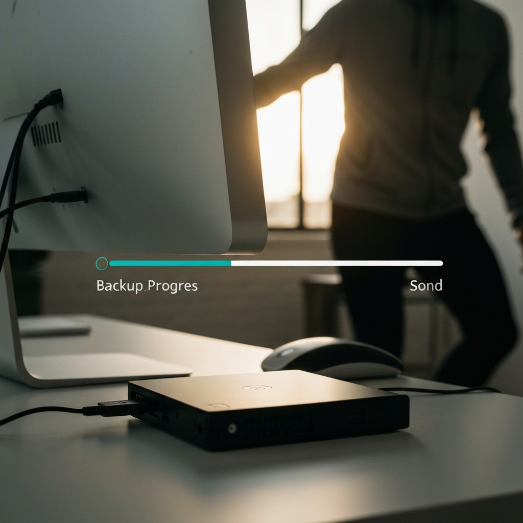 An external hard drive connected to a computer, with a progress bar indicating a backup is in progress. The setting is a modern, minimalist office.