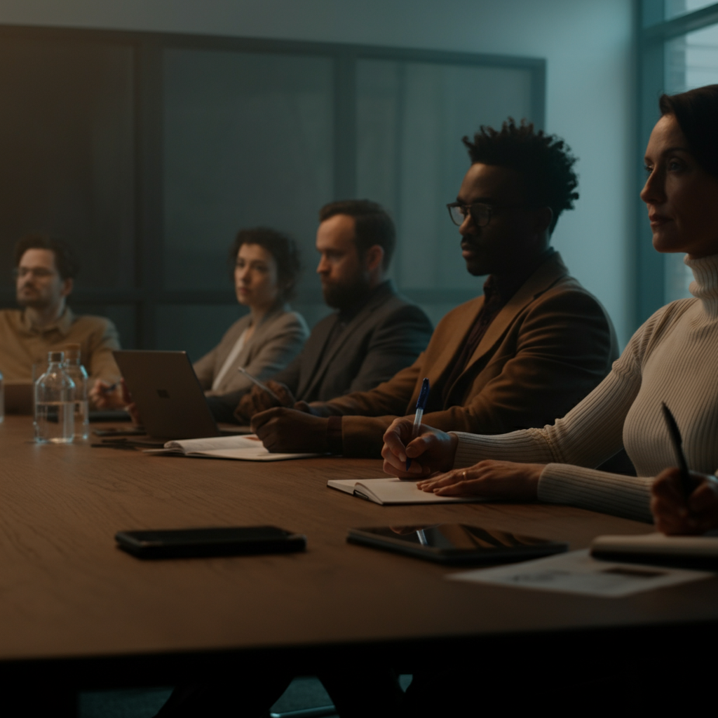 A group of diverse individuals in a modern conference room, some taking notes, others listening intently. Soft, natural light filters through a large window. The focus is on capturing the attentiveness of the audience and the professional setting.