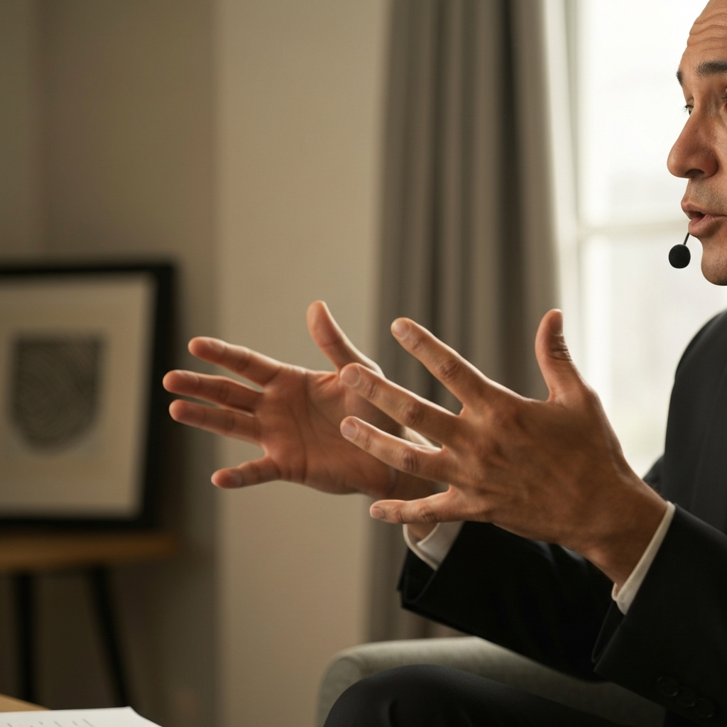 A close-up shot of a person's hands gesturing animatedly as they speak. The lighting is warm and inviting, with a shallow depth of field to blur the background and focus on the hands.