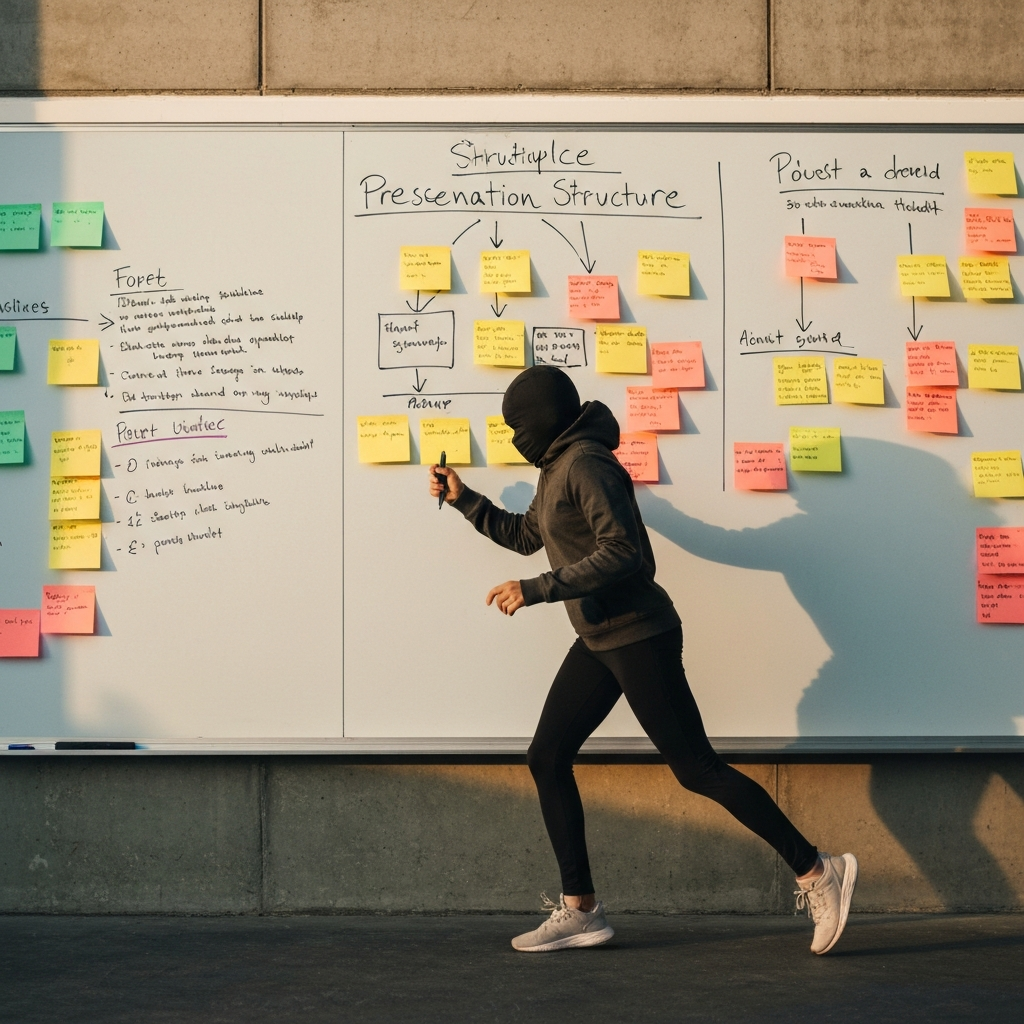 A whiteboard covered in colorful notes and diagrams outlining a presentation structure. The lighting is bright and even, showcasing the clarity of the notes. The overall impression is one of organization and planning.